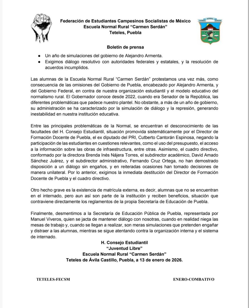 Imagen relacionada con Exigencias de estudiantes de la Normal Rural "Carmen Serdán" de Teteles, Puebla.